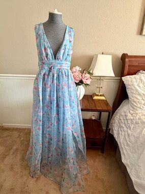Garden Romance Light Blue Floral Print Organza Maxi Dress by Lulus size L